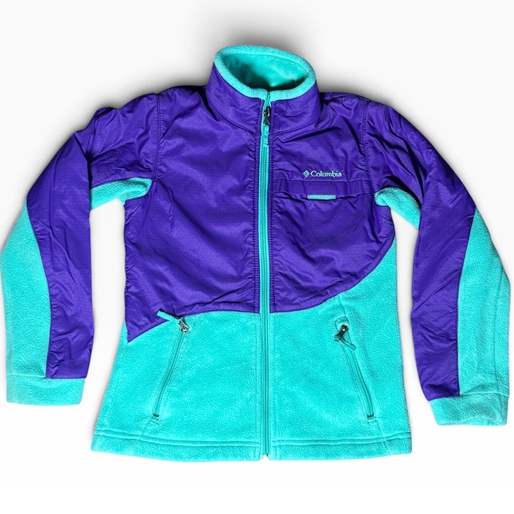 Columbia Kids Small Full Zip Hybrid Fleece Jacket Purple Teal Colorblock